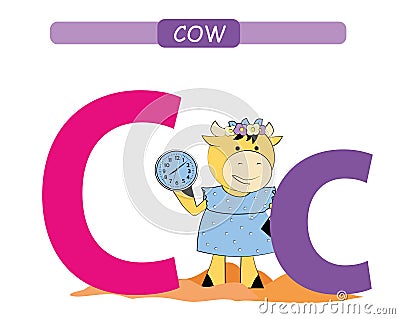 Letter C and funny cartoon cow. Animals alphabet a-z. Cute zoo alphabet in vector for kids learning English vocabulary. Printable Vector Illustration